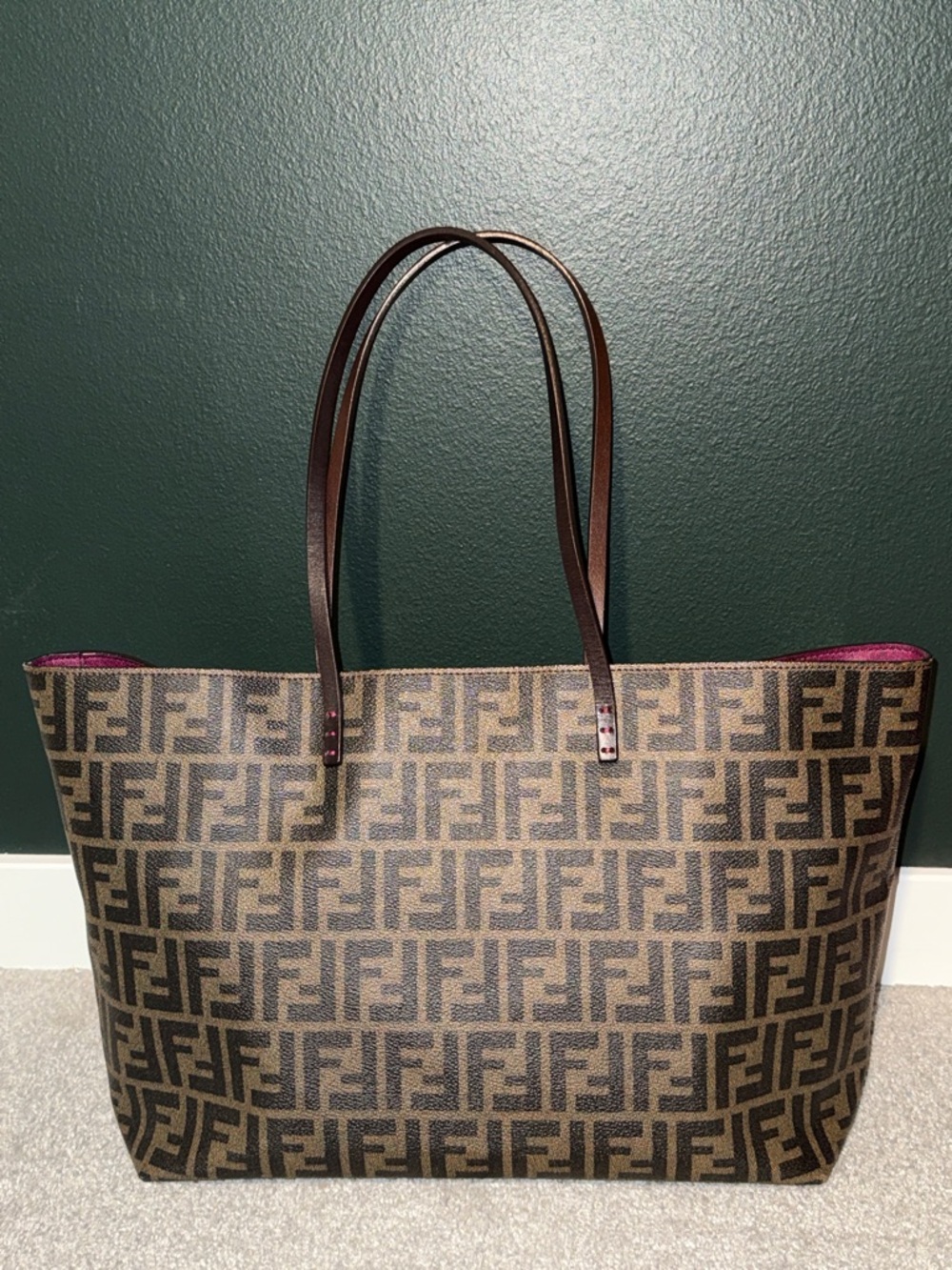 Fendi Brown Zucca Coated Cancas FF Logo Tote with Plum Trim